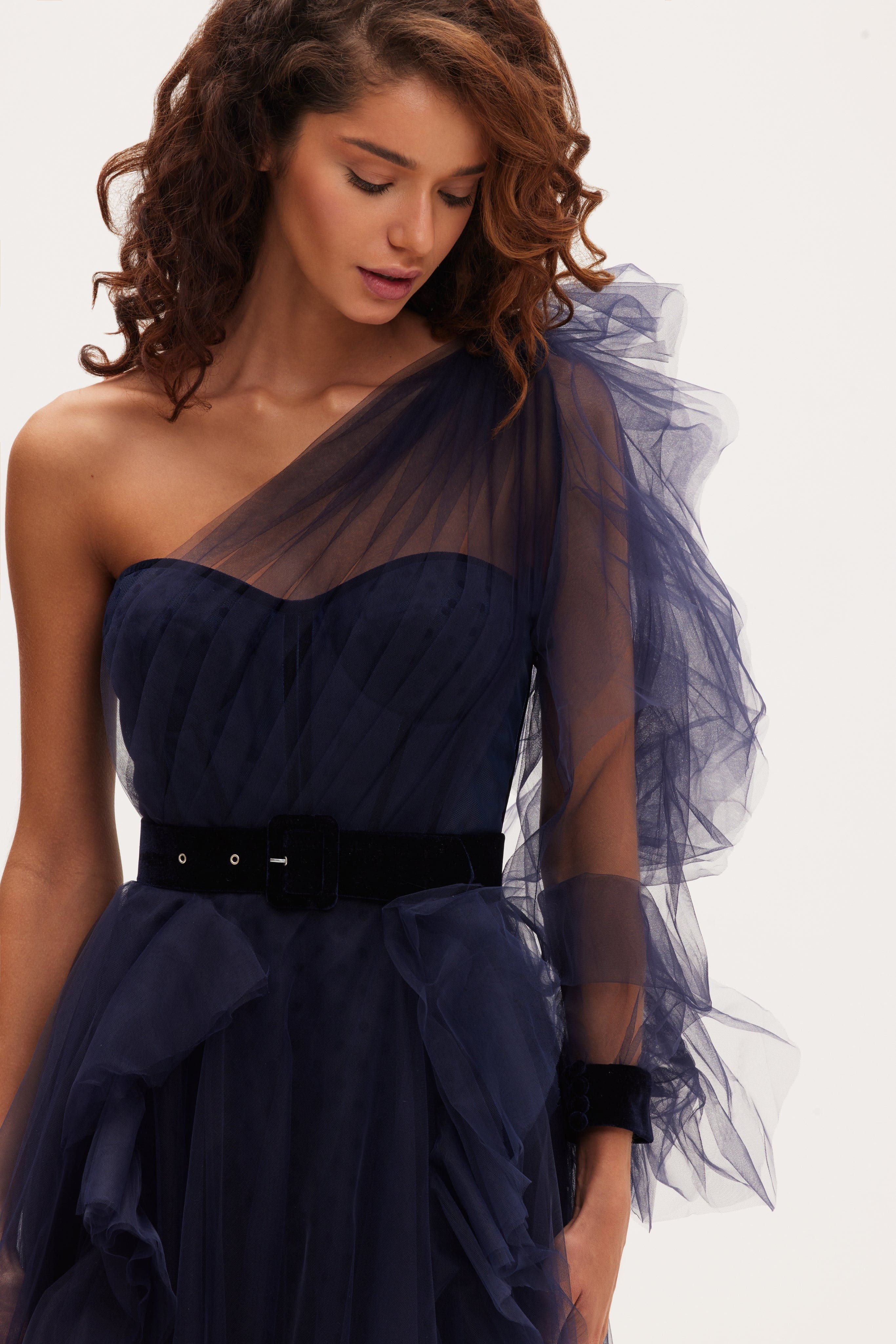 Royal Navy tulle gown with detachable sleeve