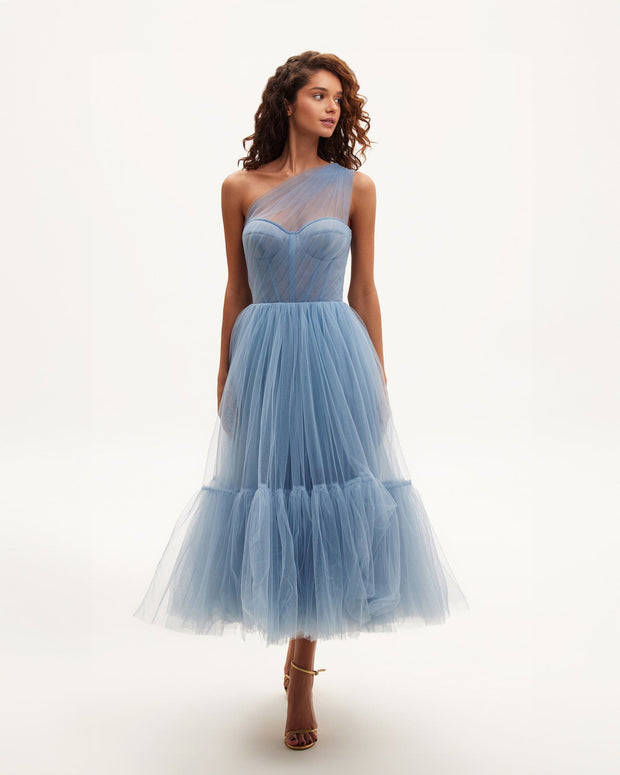 Light Blue One-Shoulder Cocktail Tulle Dress