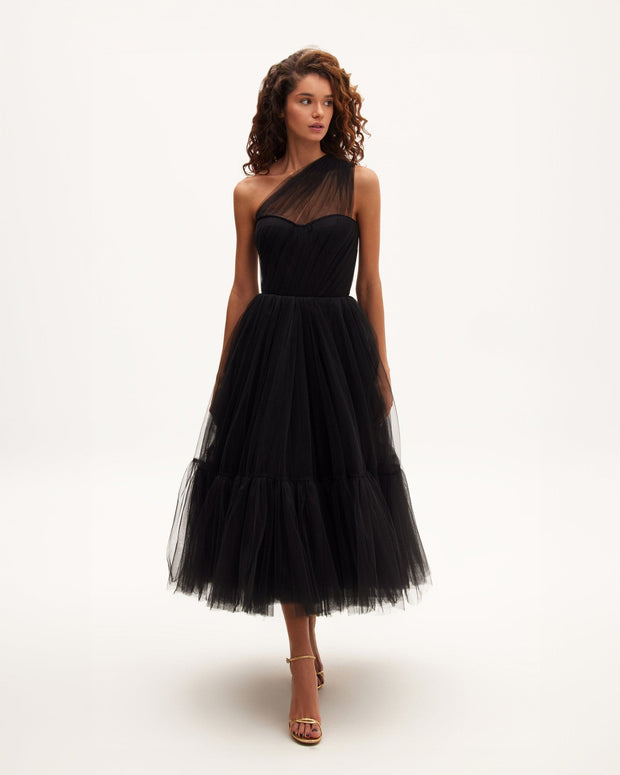 Black One-Shoulder Cocktail Tulle Dress