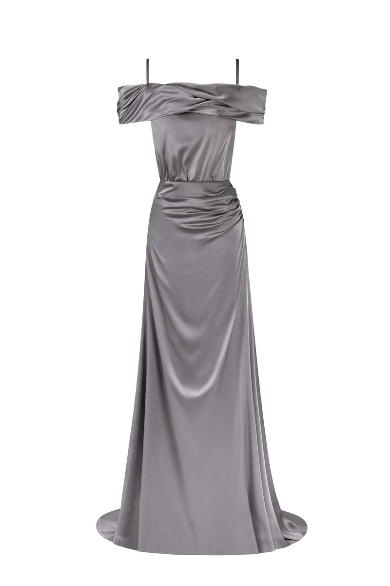 Elegant silver off-the-shoulder silk maxi dress Milla Dresses - USA ...