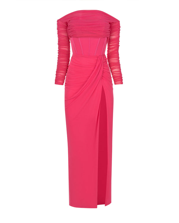 Striking pink off-the-shoulder maxi dress