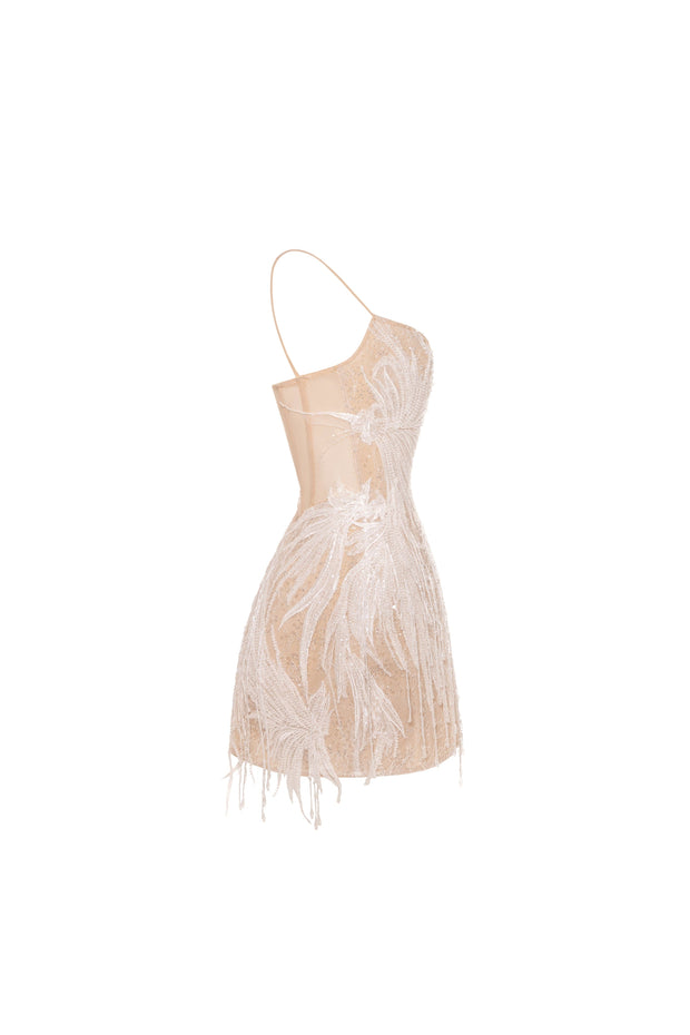 Beige lace corset mini dress embellished with sequins and fringes