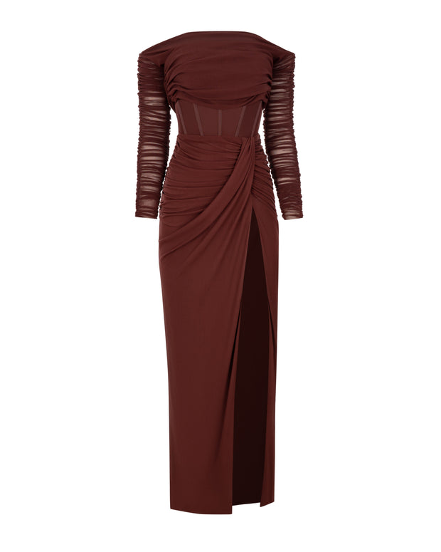 Chocolate off-the-shoulder maxi dress with a thigh slit