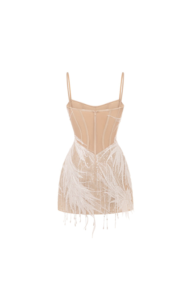 Beige lace corset mini dress embellished with sequins and fringes