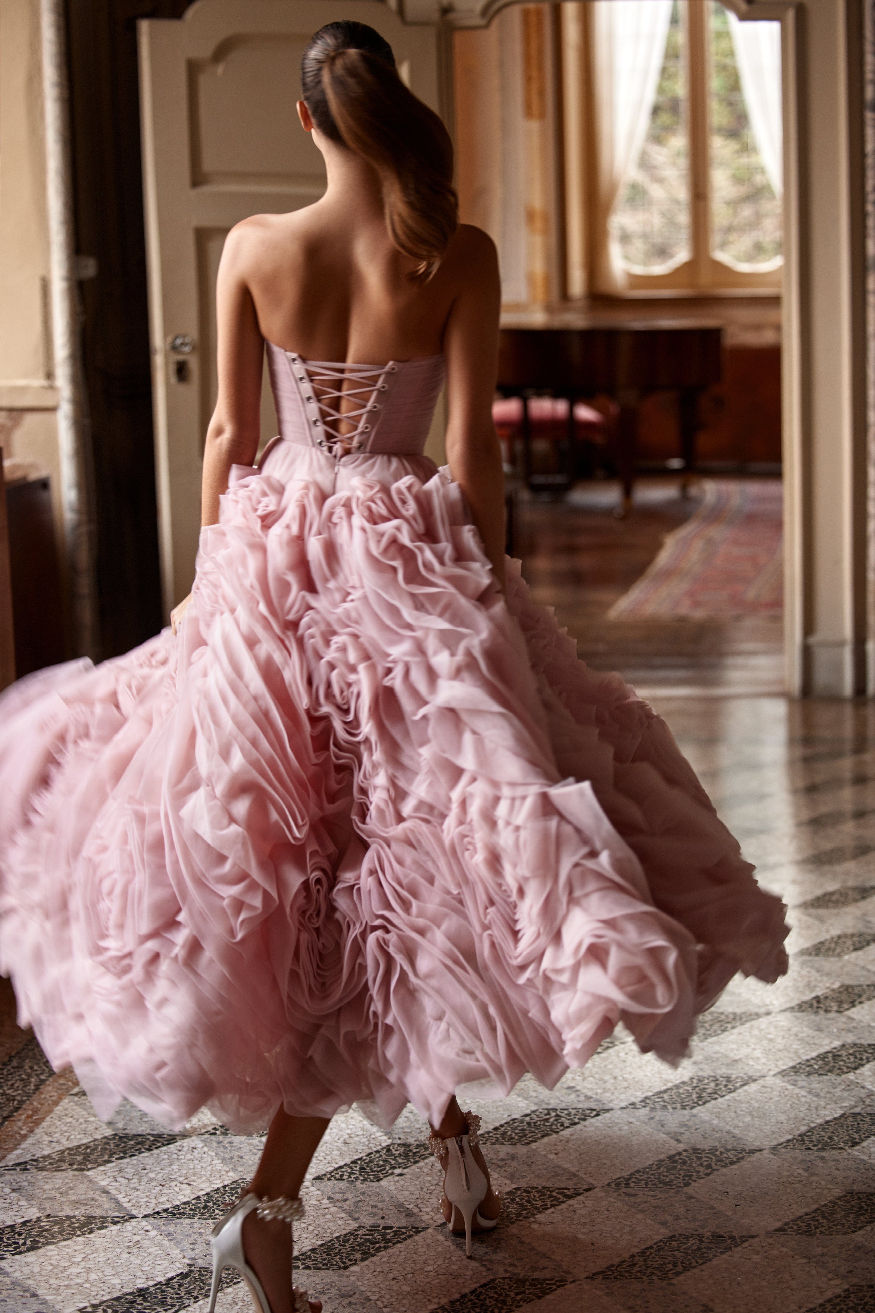Mimilù floral-appliqué ruffled dress - Pink