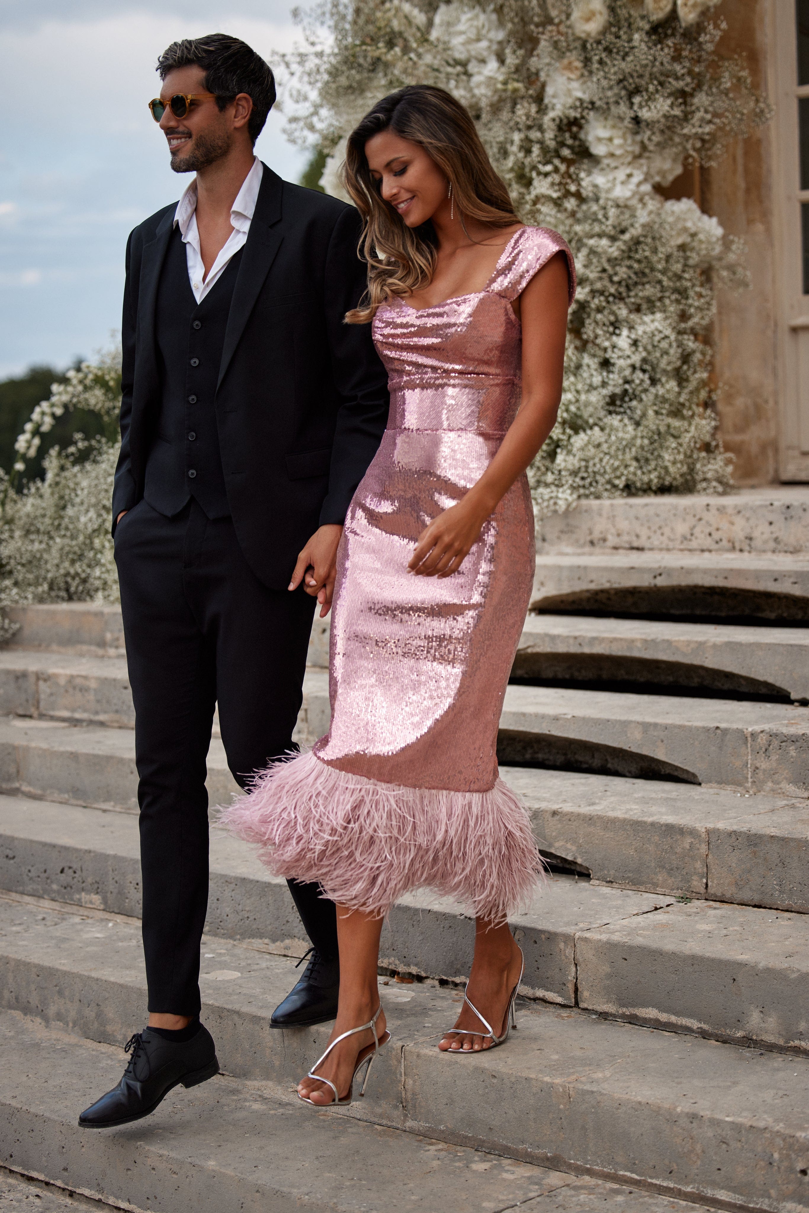 Off-the-shoulder cocktail sequined dress