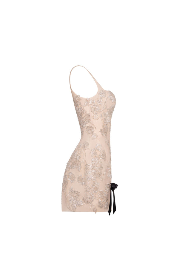 Fitted nude mini dress with bows