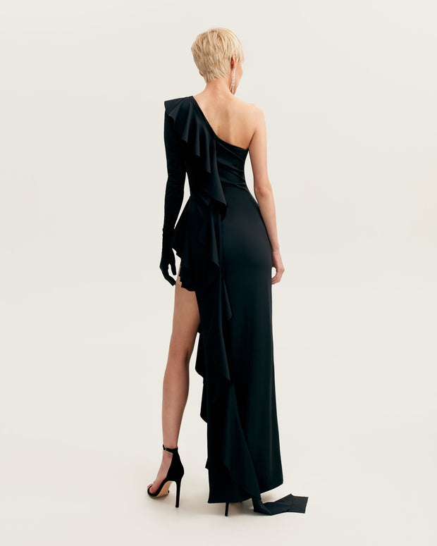 One-shoulder ruffle-trimmed maxi dress in black, Xo Xo