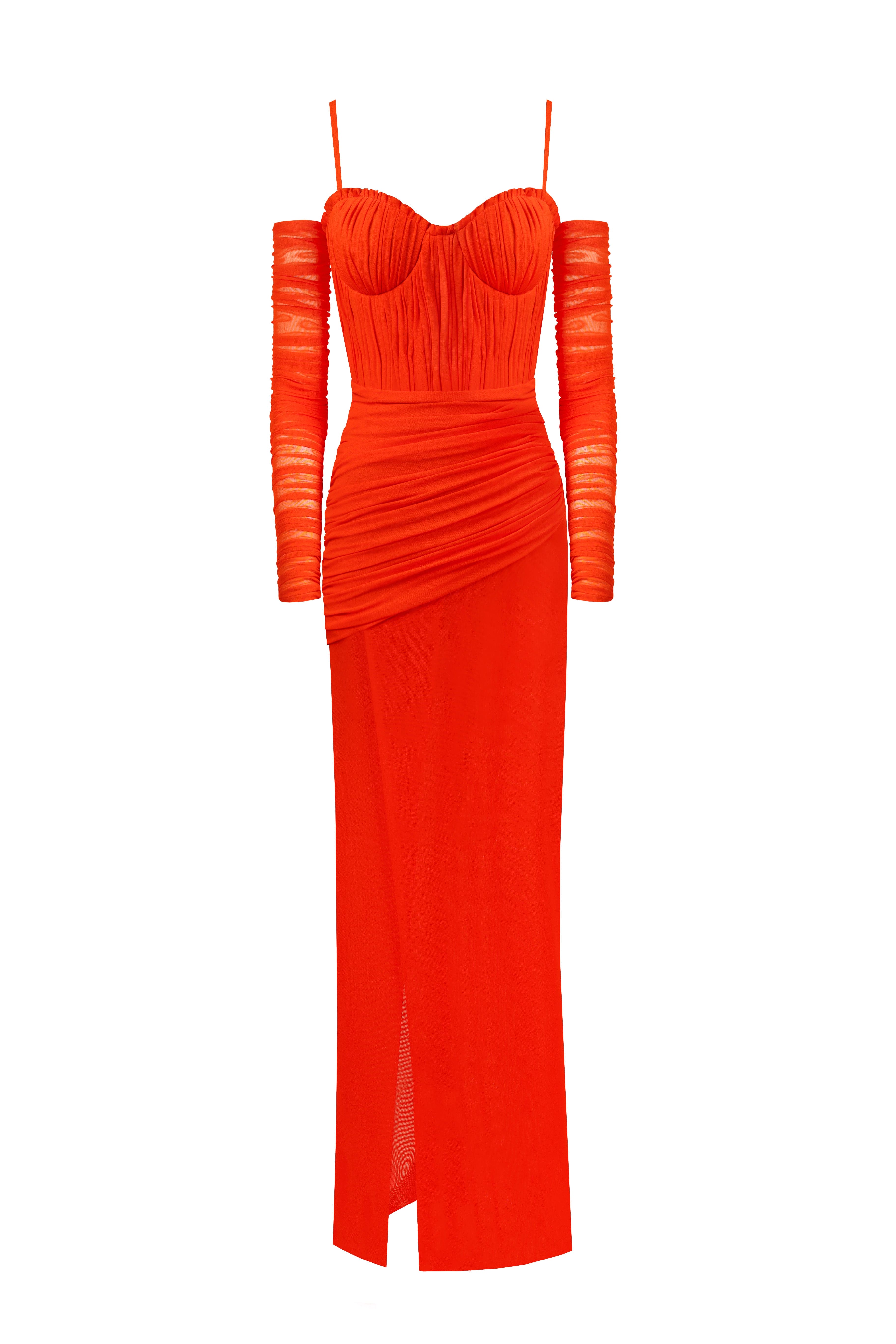 Flamboyant coral bustier maxi dress