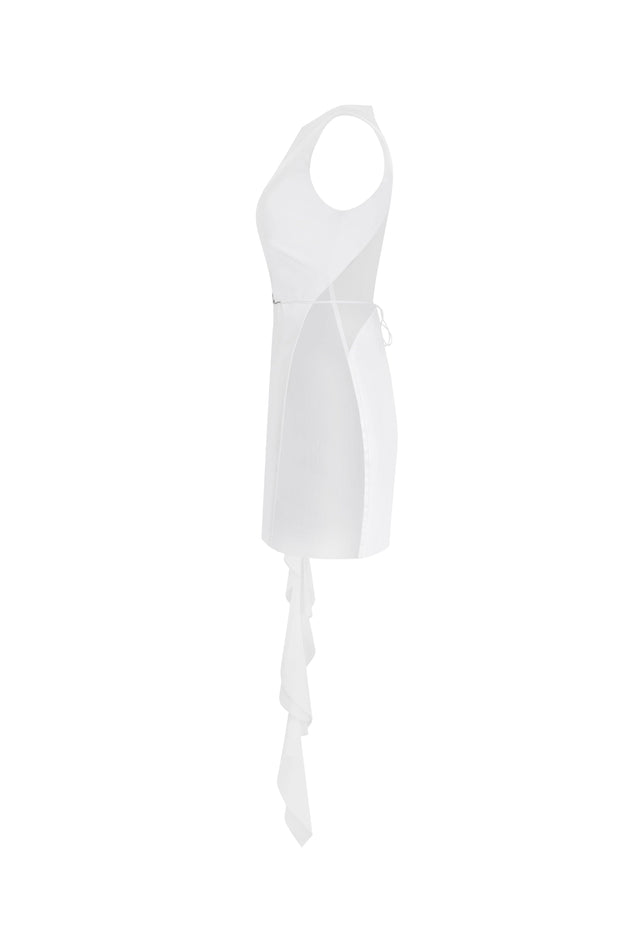 فستان قصير مذهل بكتف واحد مع إضافات شفافة باللون الأبيض