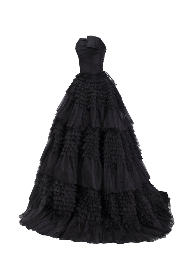 Black Off-The-Shoulder Frill-Layered Gown Milla Dresses - USA ...
