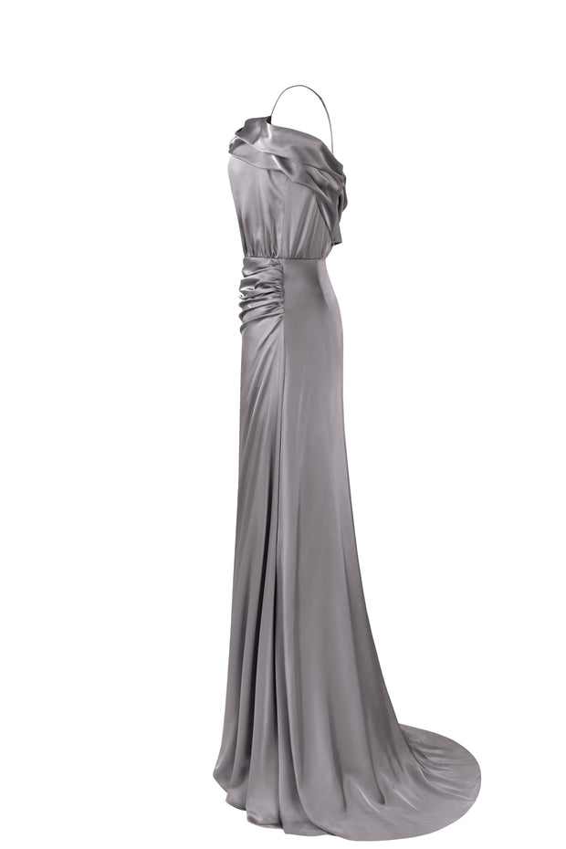 Elegant silver off-the-shoulder silk maxi dress