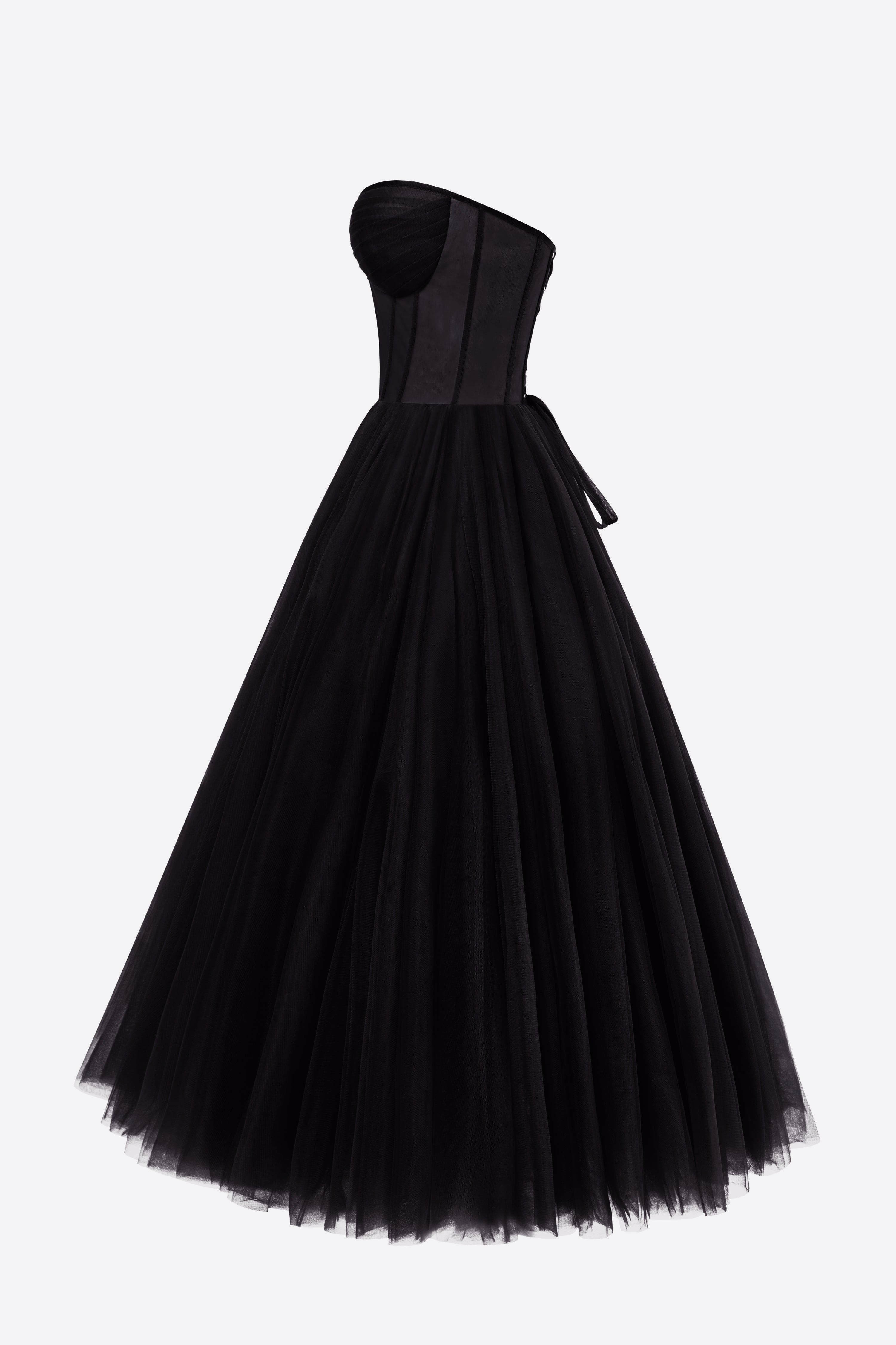 Black Strapless Puffy Midi Tulle Dress