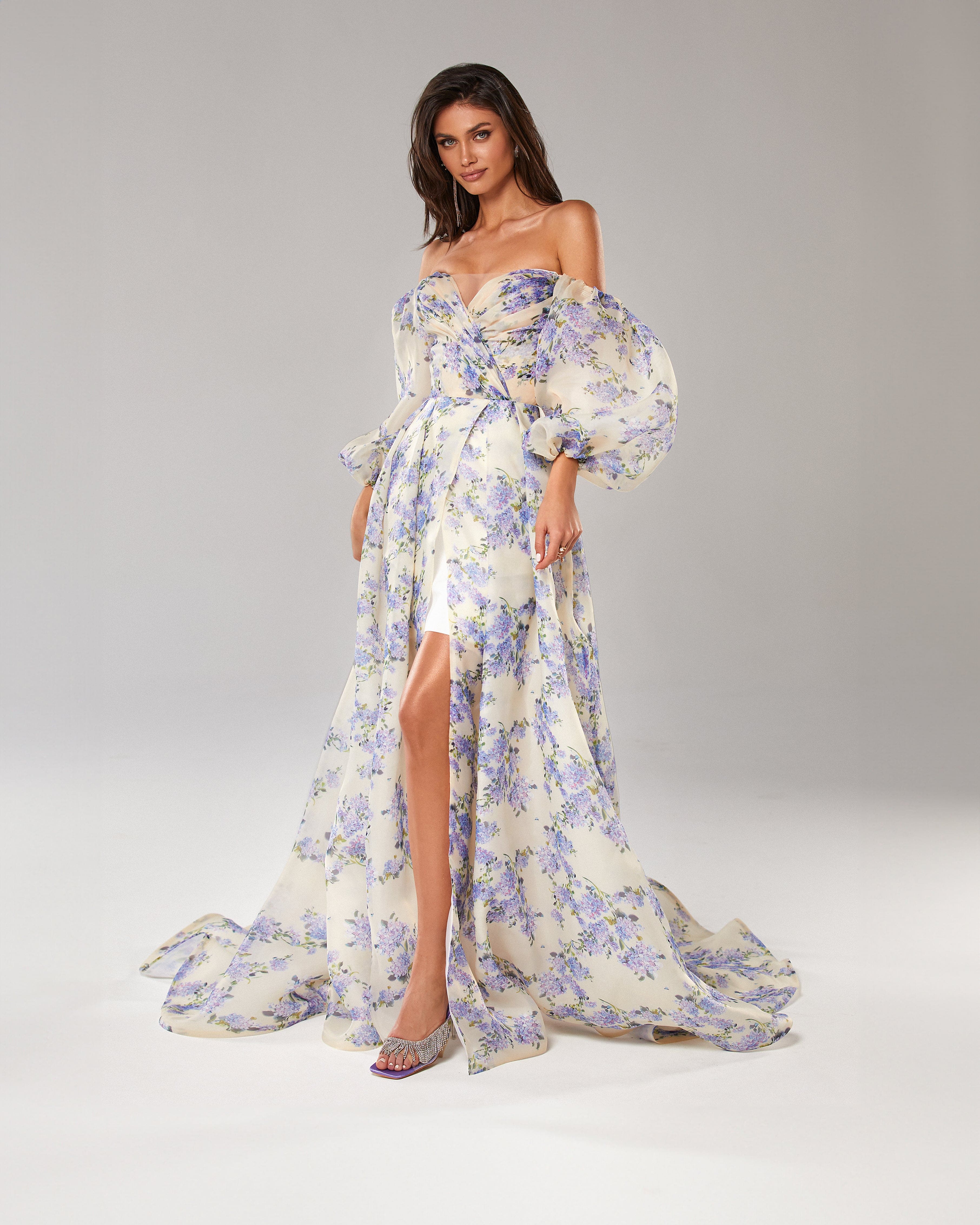 Hydrangea Elegant floral puff sleeve maxi dress - Main Image