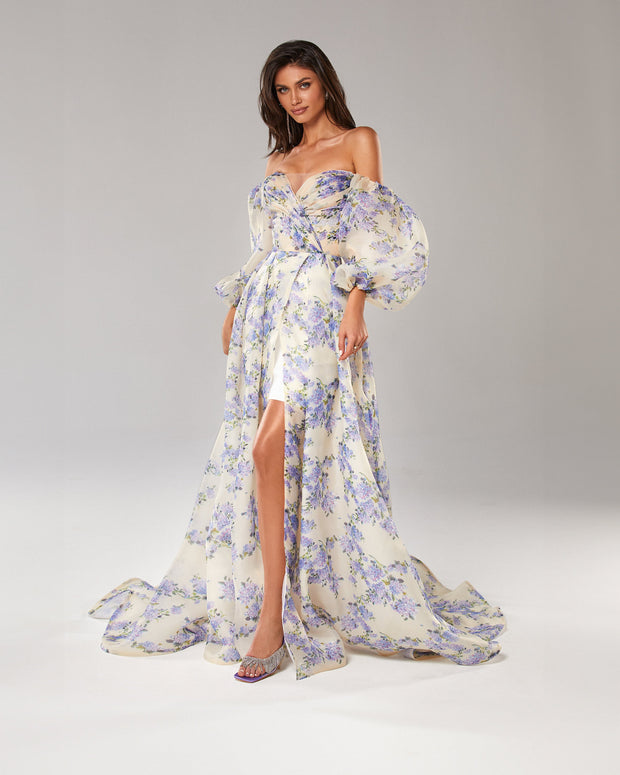 Hydrangea Elegant floral puff sleeve maxi dress
