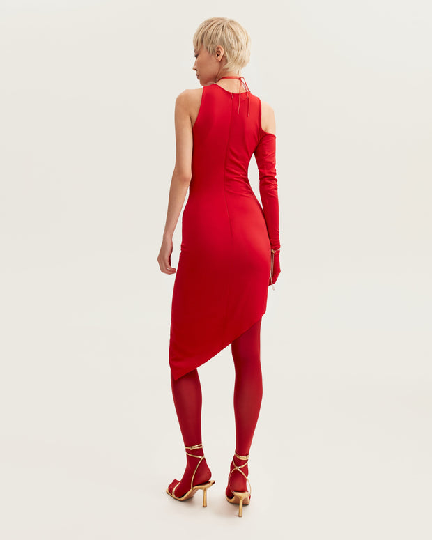 فستان أحمر متوسط الطول غير متماثل