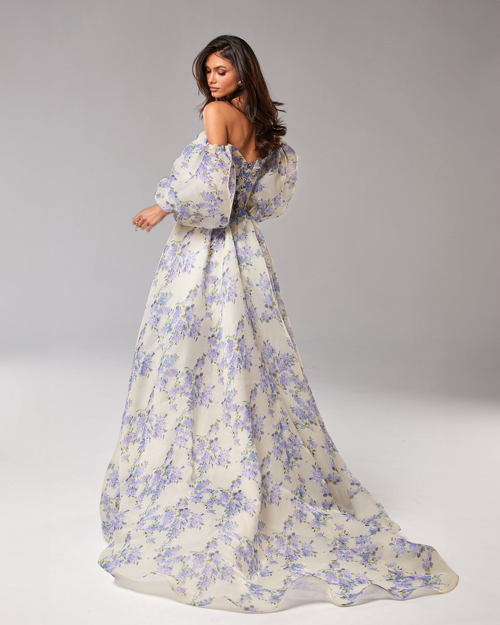 Hydrangea Elegant floral puff sleeve maxi dress