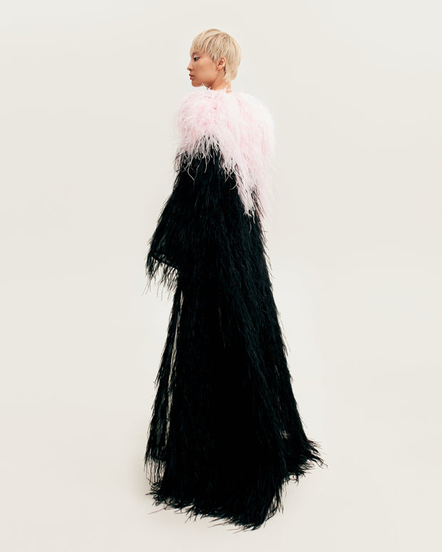 Whimsical 2-colored feather-trimmed coat, Xo Xo