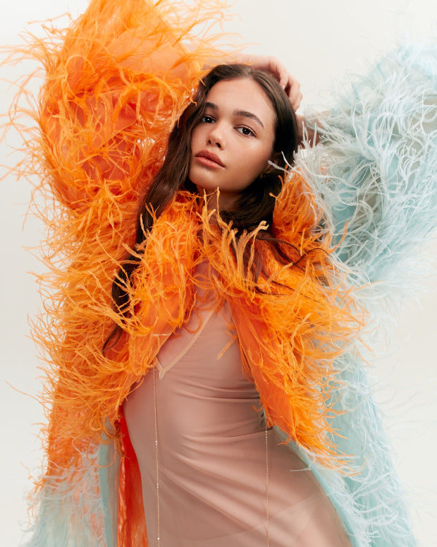 Whimsical 2-colored feather-trimmed coat, Xo Xo