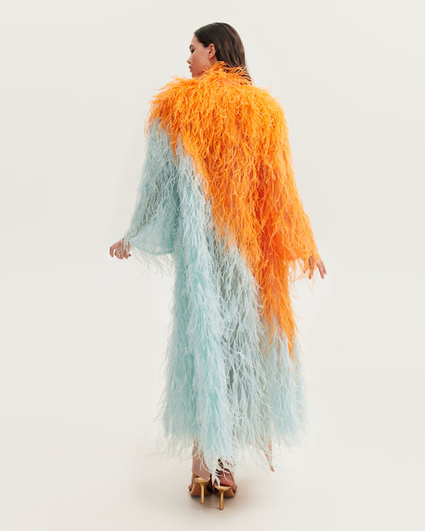 Whimsical 2-colored feather-trimmed coat, Xo Xo