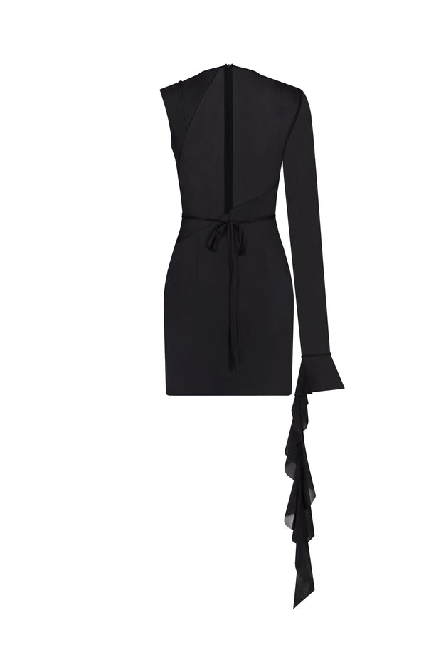 فستان قصير مذهل بكتف واحد مع إضافات شفافة باللون الأسود