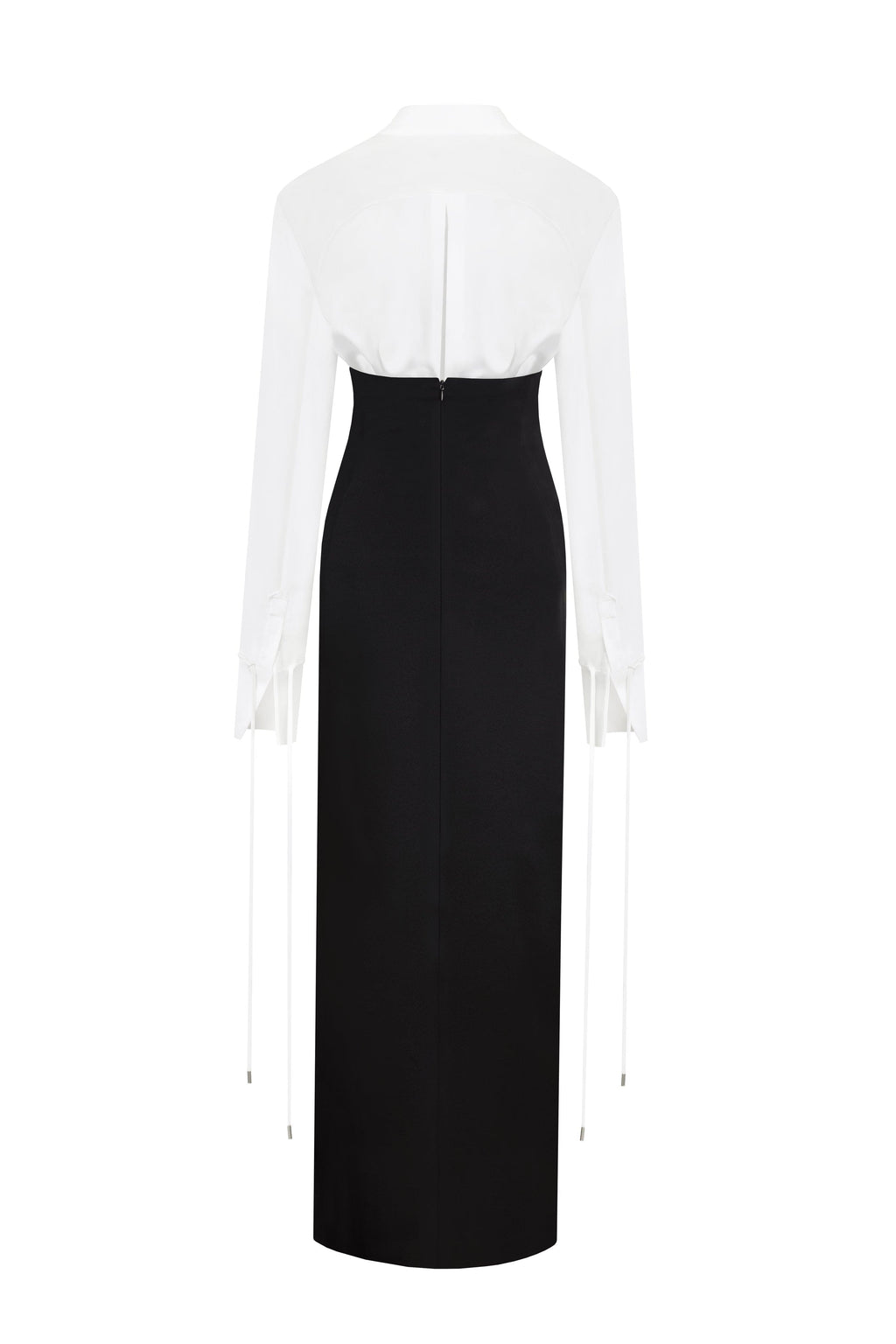Elegant 3-piece set with white silk blouse, white mini skirt, and black crepe maxi skirt, Xo Xo