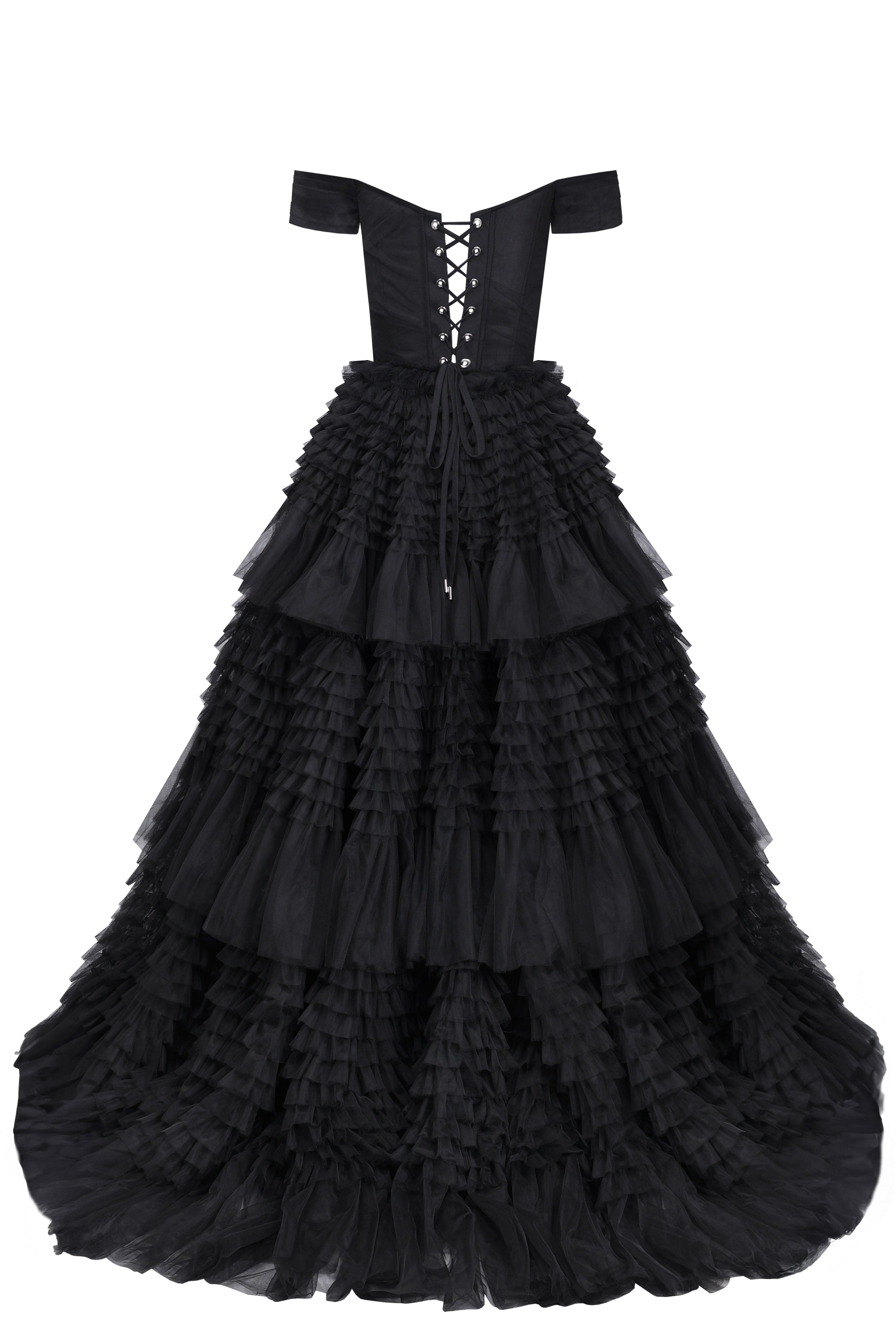 Black Off-The-Shoulder Frill-Layered Gown