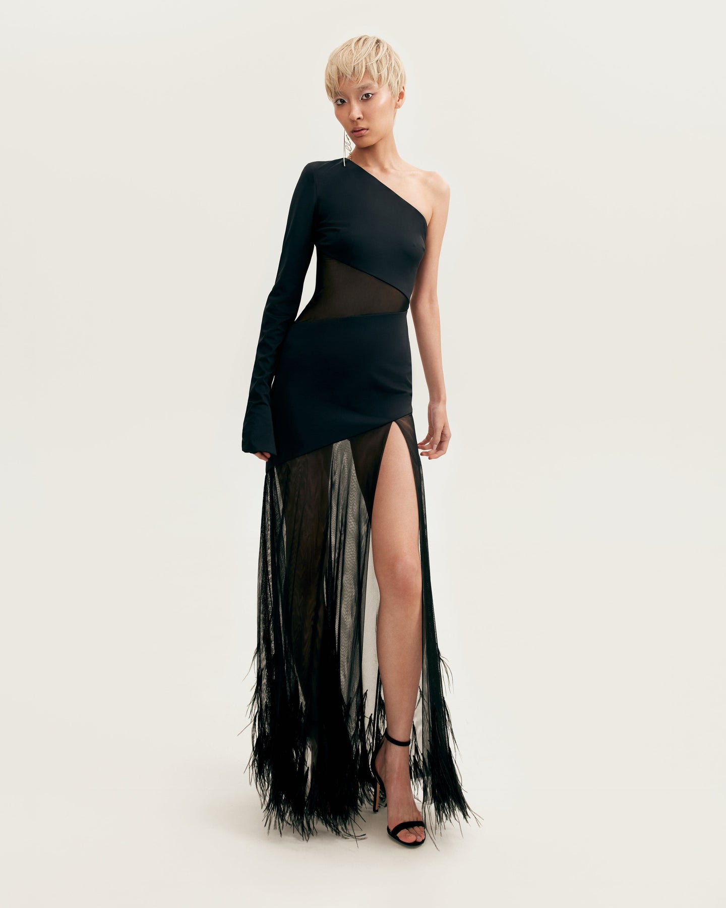 One-shoulder maxi dress with feather-trimmed bottom, Xo Xo Milla ...