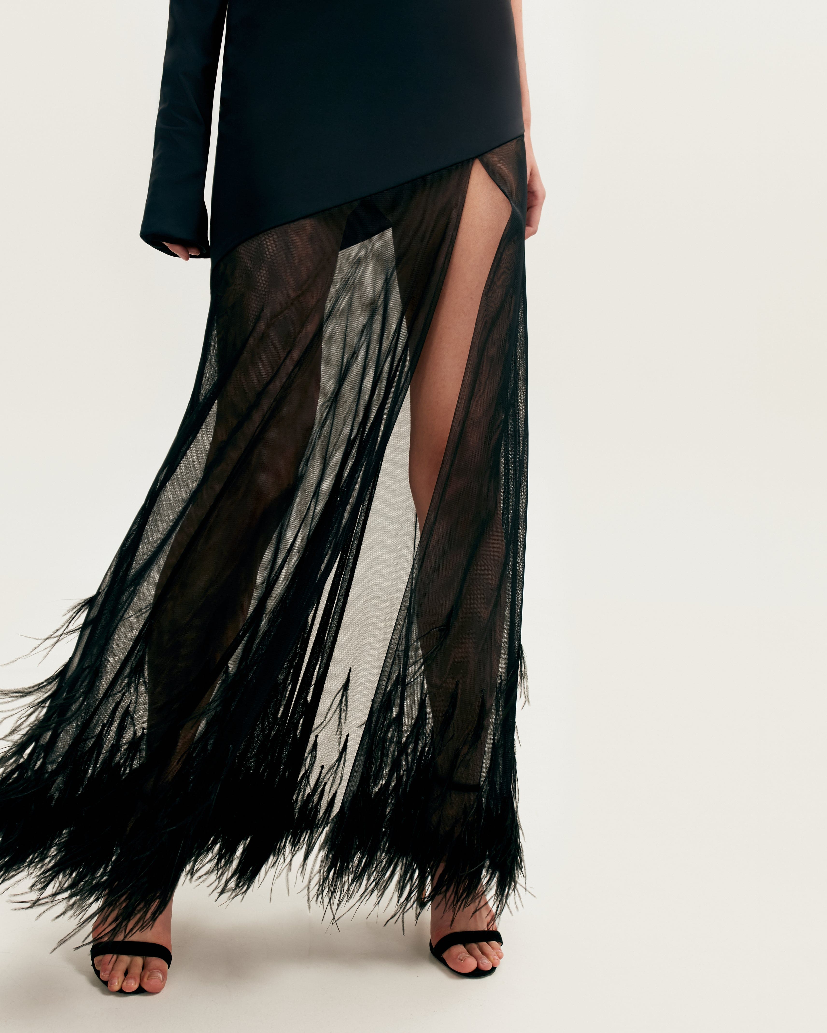 One-shoulder maxi dress with feather-trimmed bottom, Xo Xo