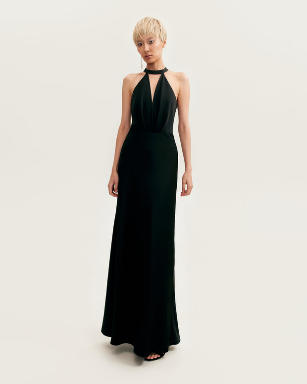 Classical black halterneck satin maxi dress, Xo Xo