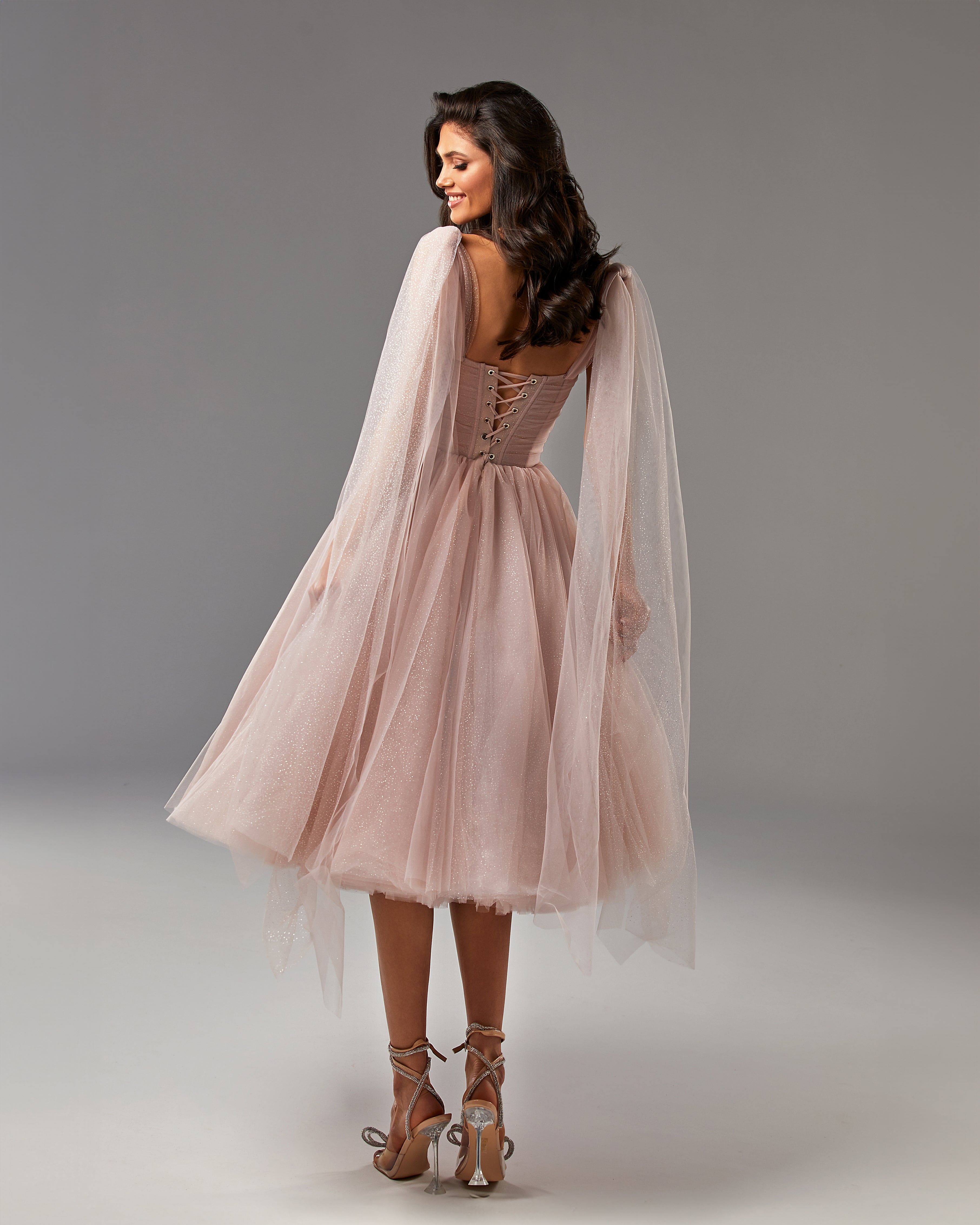 Misty Rose Sparkly off-the-shoulder tulle dress