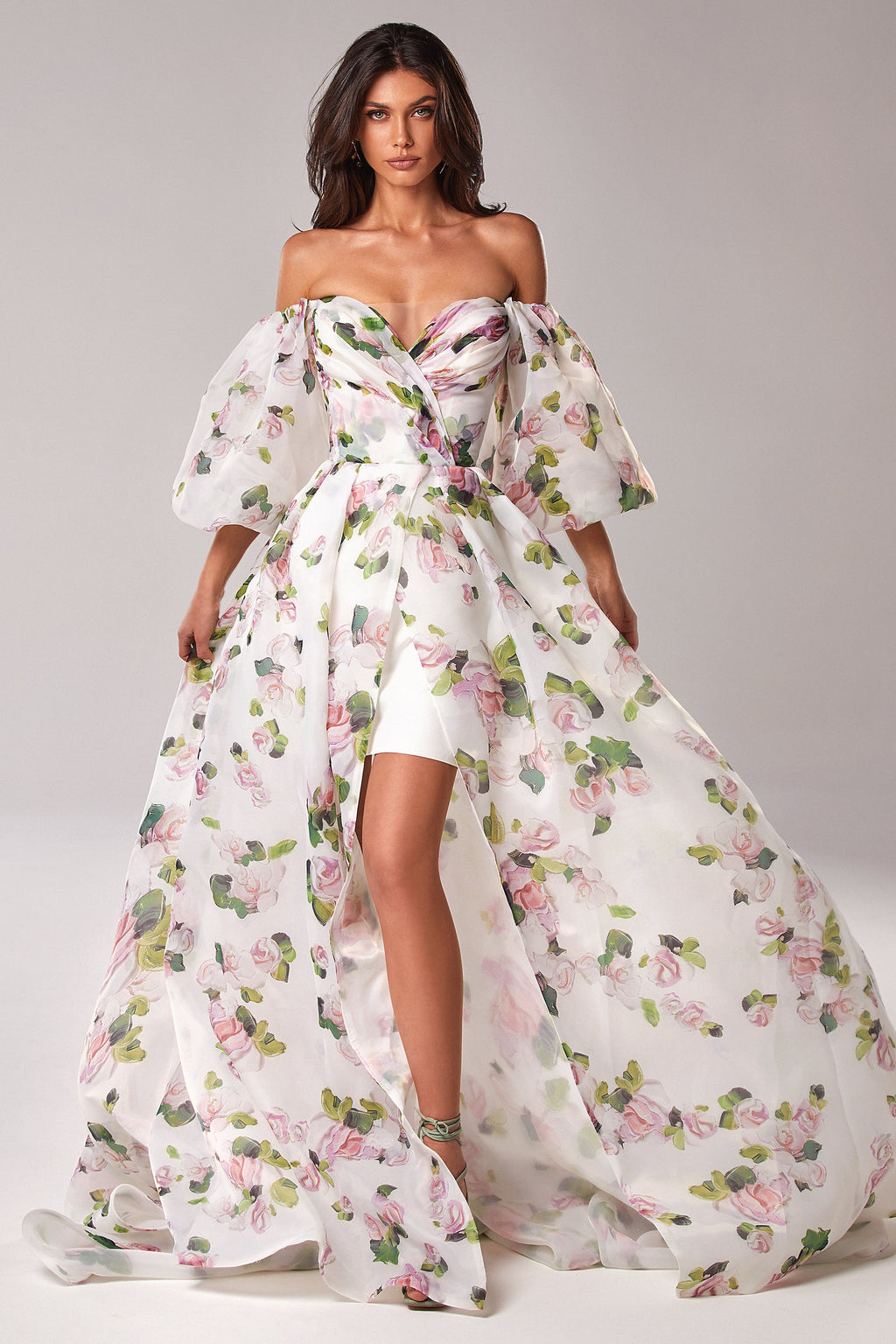 Apple Blossom Elegant floral puff sleeve maxi dress