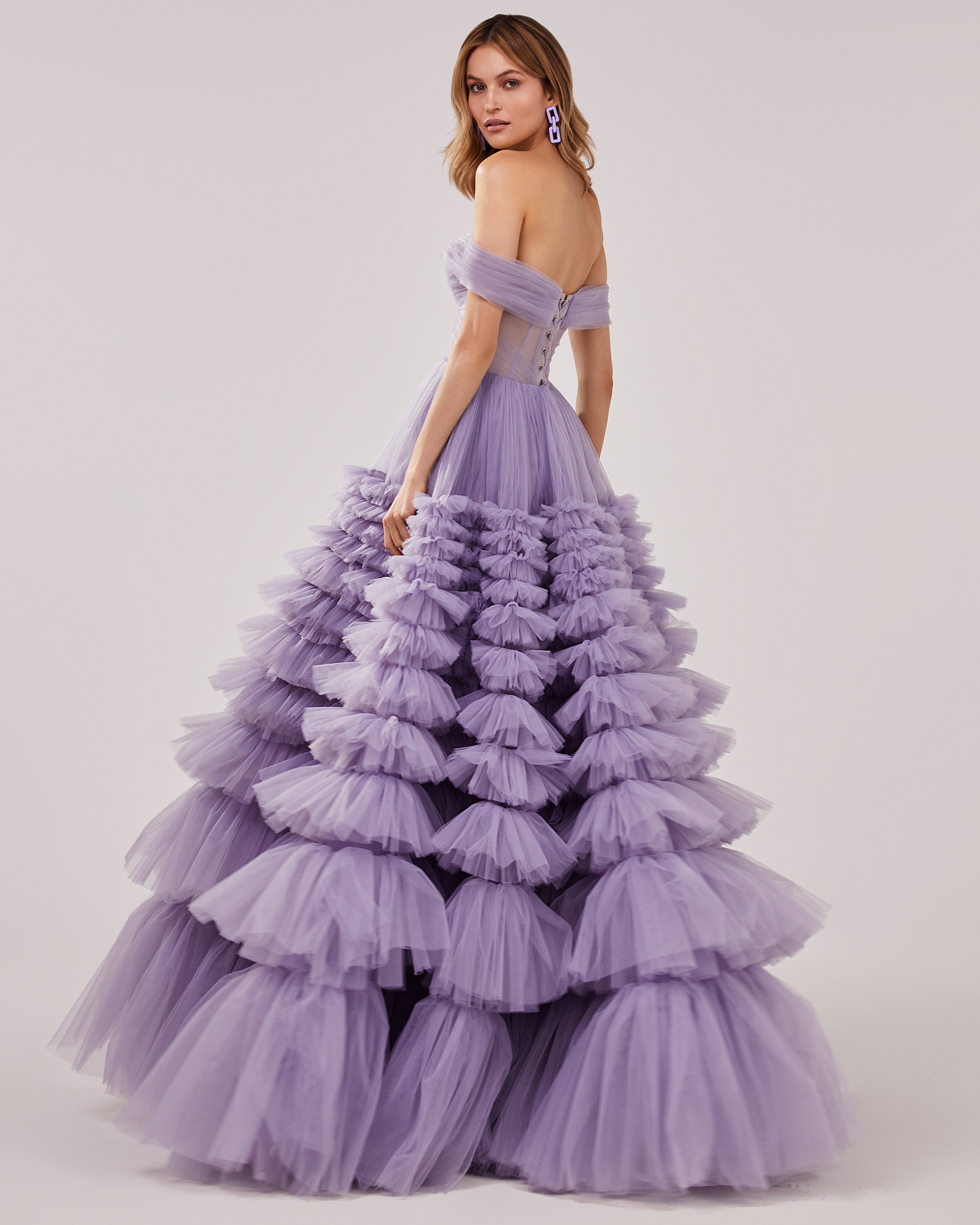 Lavender Sheer Sleeves Maxi Tulle Dress
