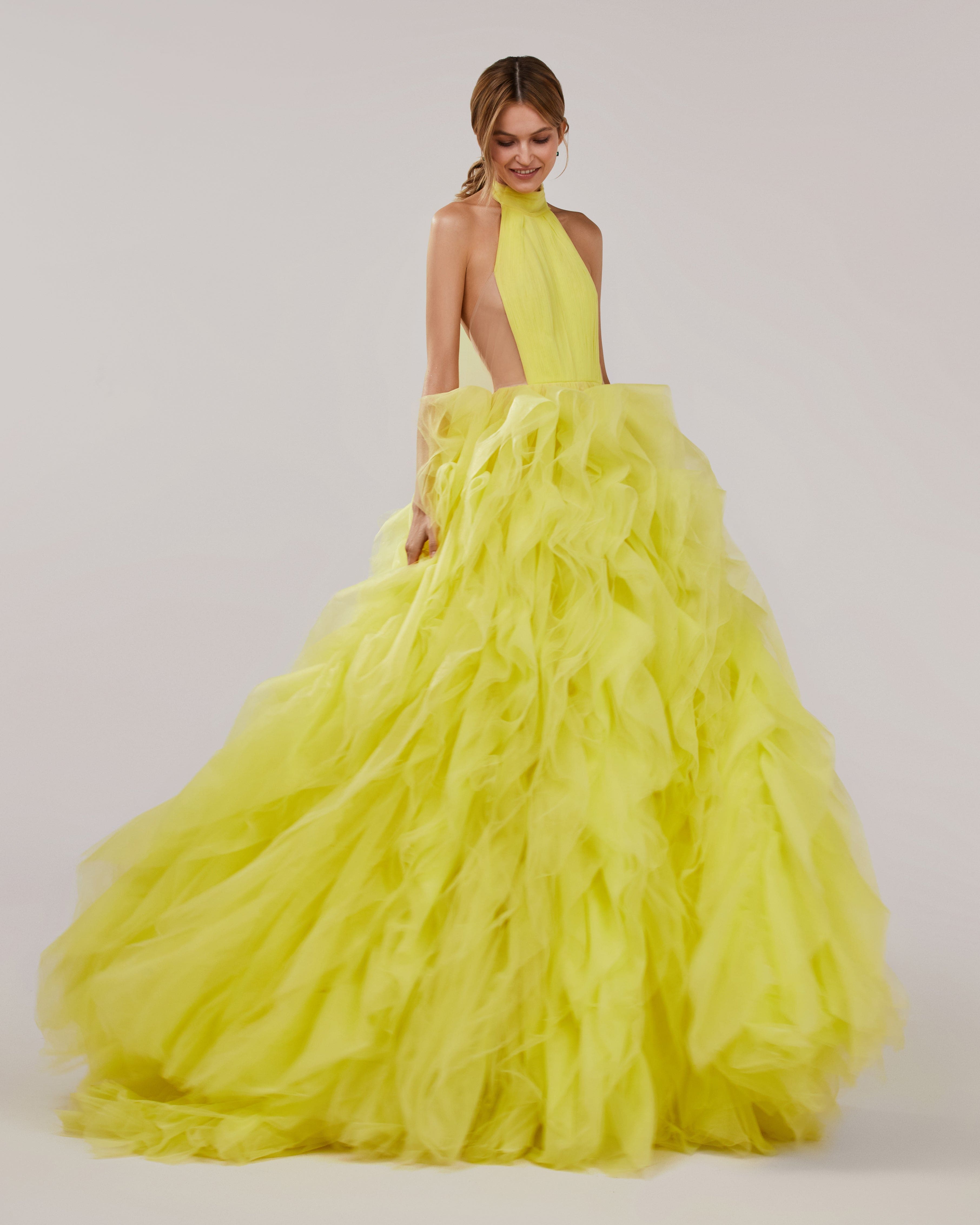 Yellow A line lace long prom dress, yellow formal dress – toptby