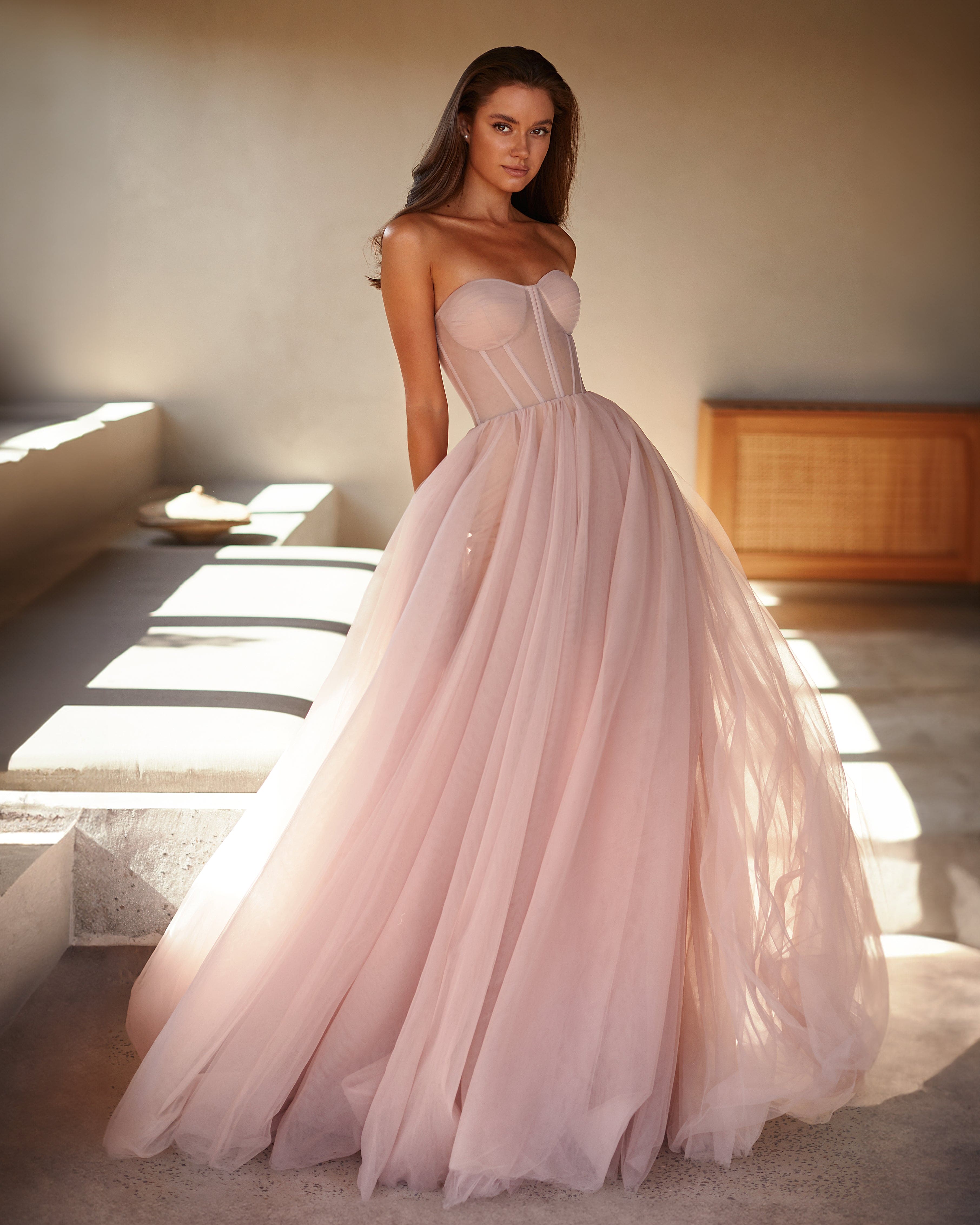 Misty Rose Tulle Maxi Dress with a Corset Bustier ➤➤ Milla