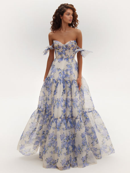 Blue Hydrangea mock neck sleeveless evening dress