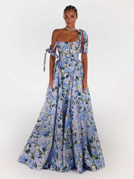 Blue Hydrangea mock neck sleeveless evening dress