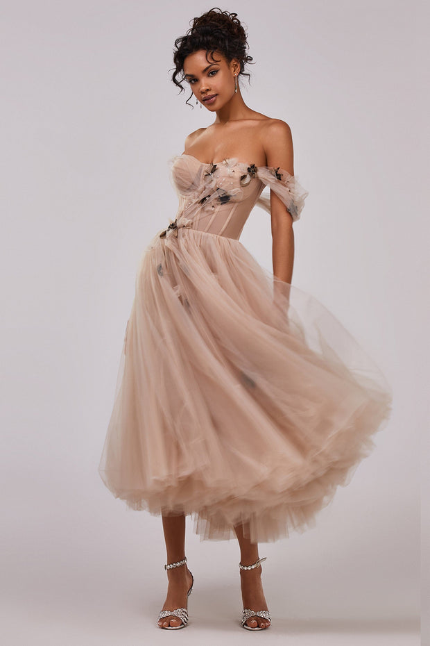 Off-the-shoulder midi gown with the tender embellishment