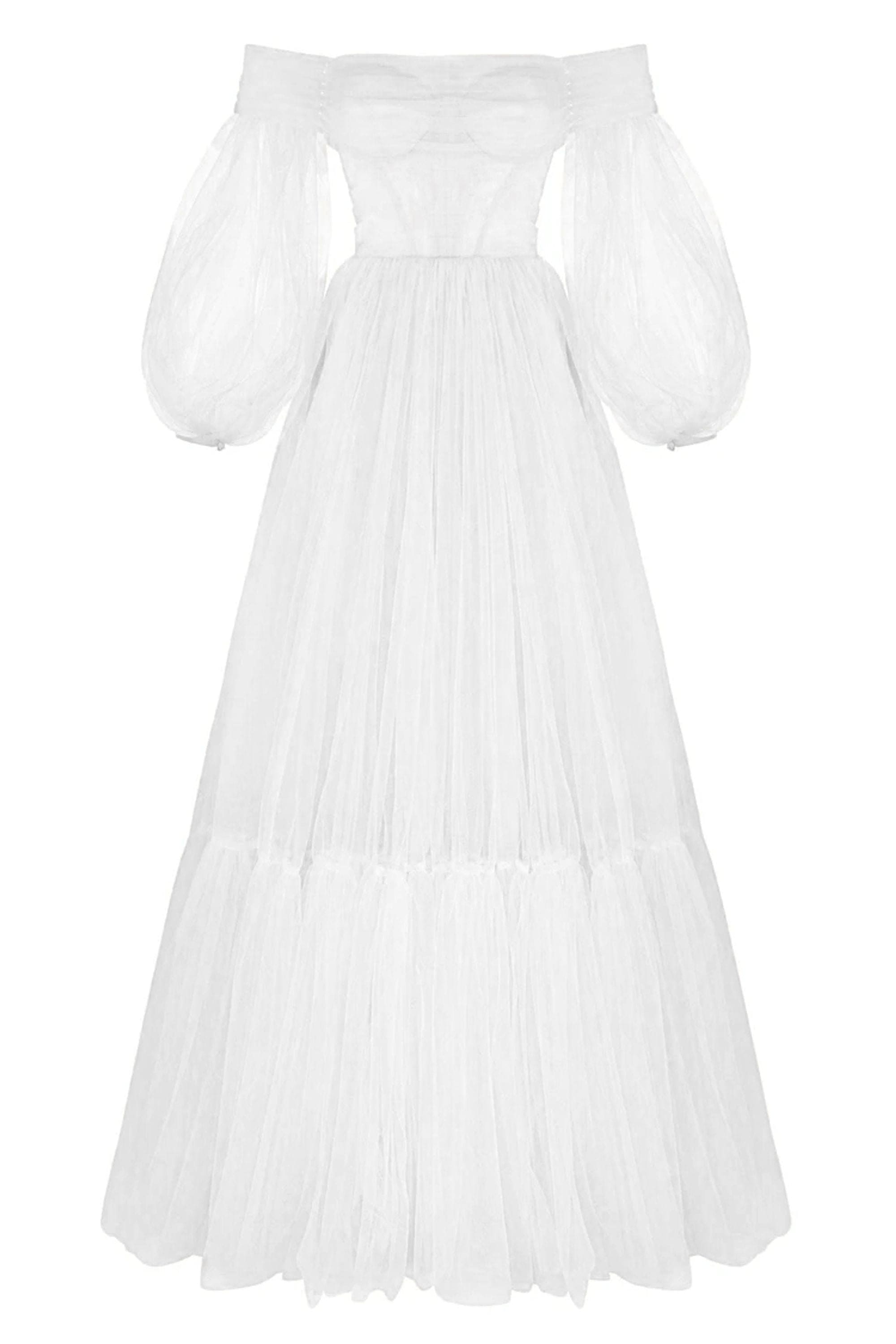 White Sheer Sleeves Maxi Tulle Dress