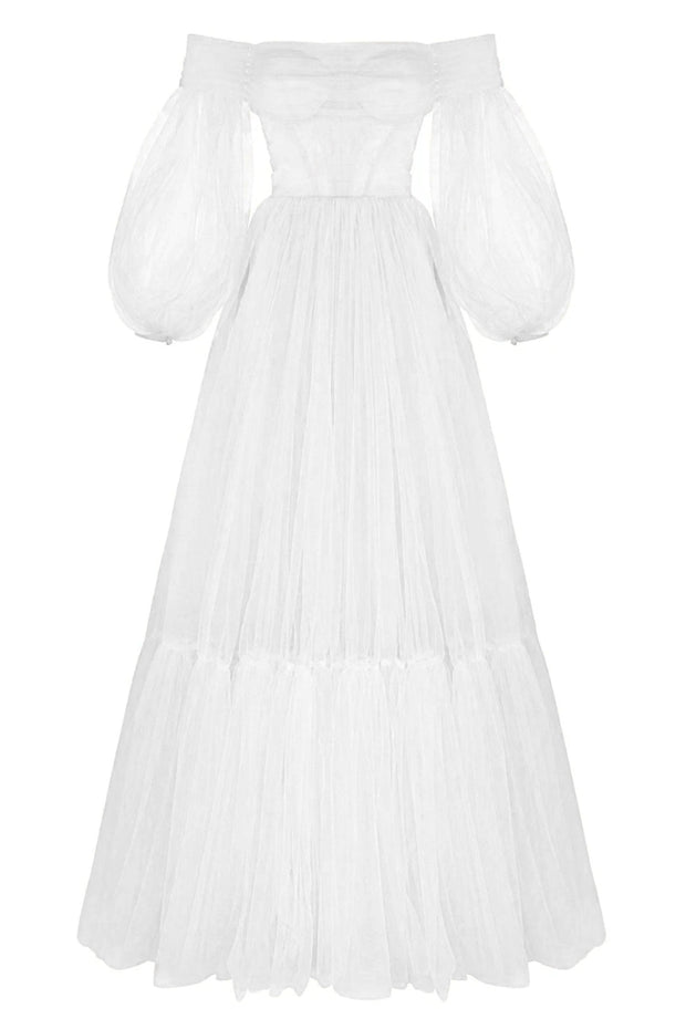 White Sheer Sleeves Maxi Tulle Dress