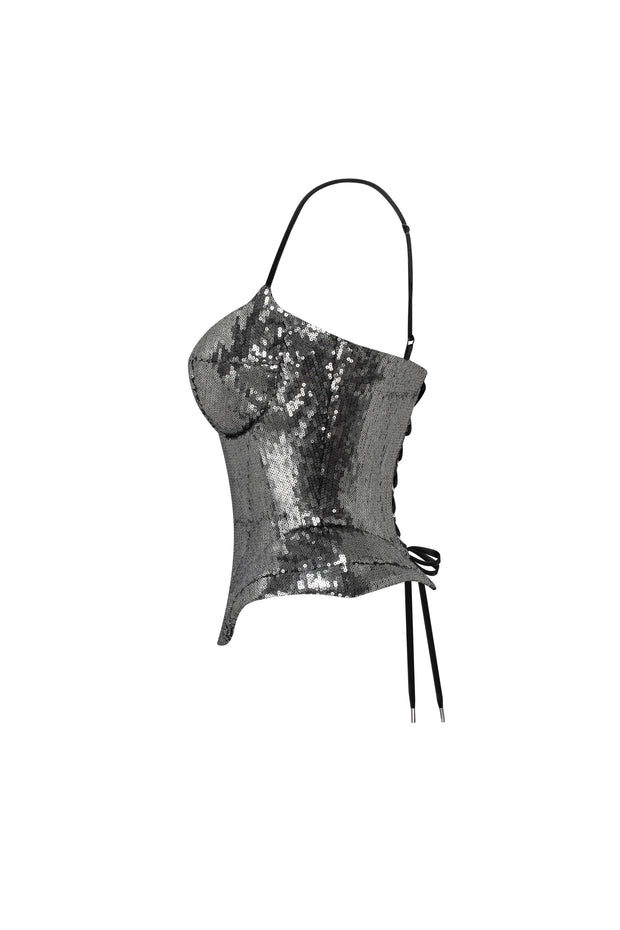 Sensational spaghetti straps sequined gray corset  