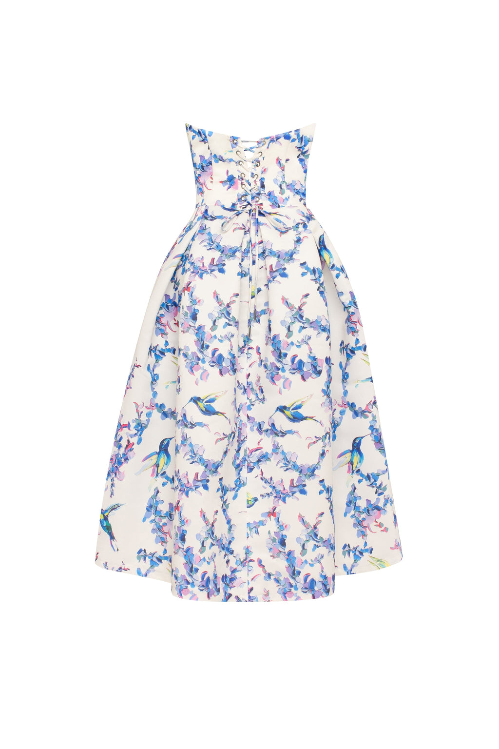 Strapless midi dress with bird and flower print, Garden of Eden
