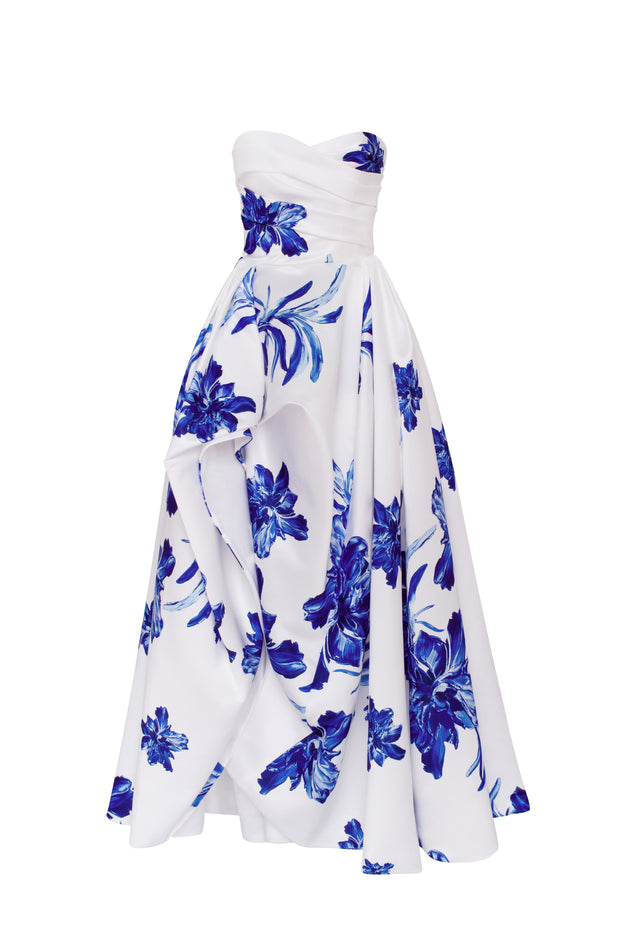 Wonderful white A-line maxi dress with blue flowers, Glow-Up