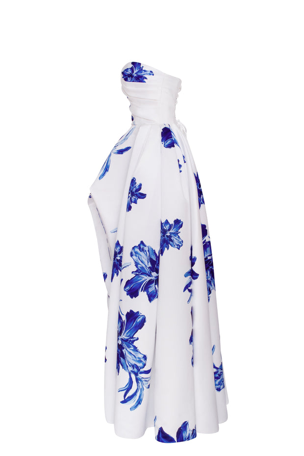 Wonderful white A-line maxi dress with blue flowers, Glow-Up