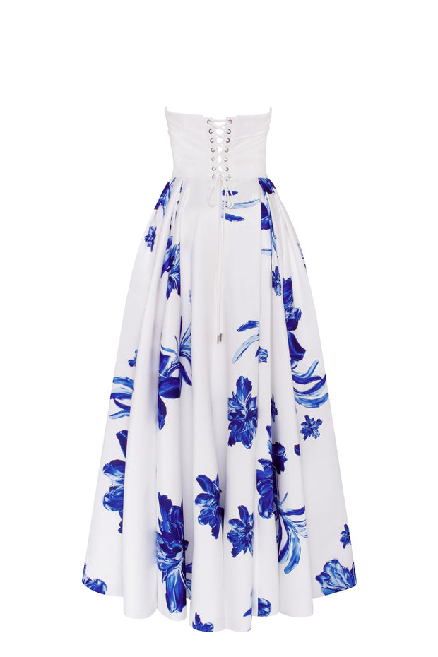 Wonderful white A-line maxi dress with blue flowers, Glow-Up