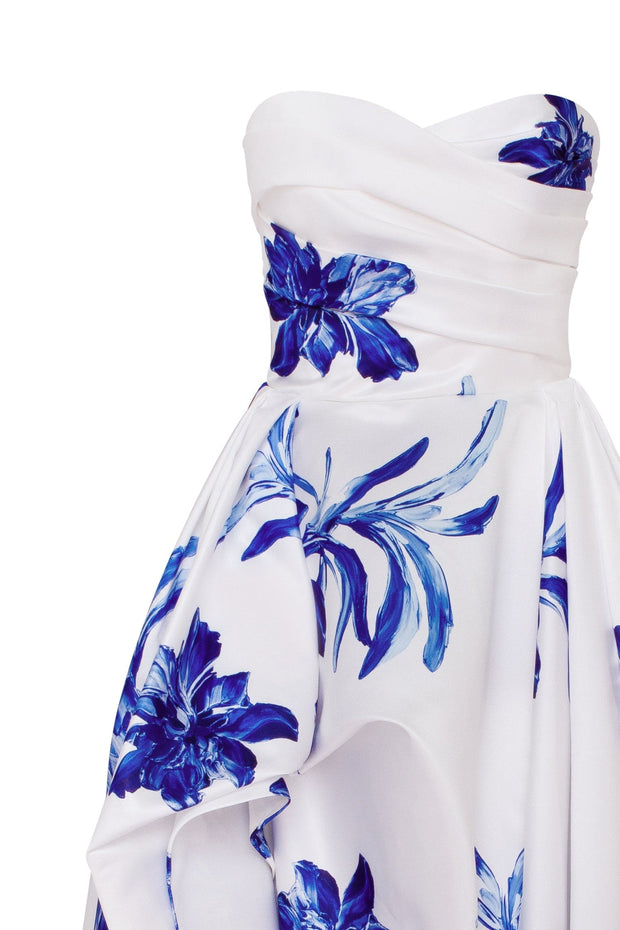 Wonderful white A-line maxi dress with blue flowers, Glow-Up