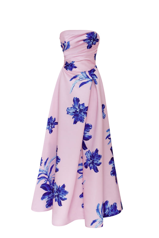 Dainty pink A-line maxi dress with blue-flowered pattern, Glow-Up