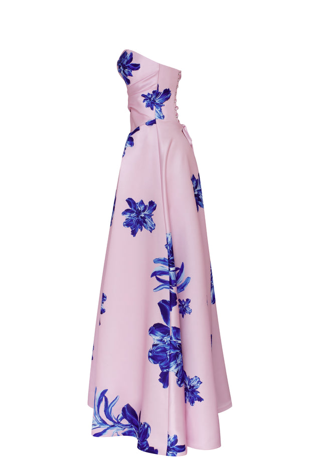 Dainty pink A-line maxi dress with blue-flowered pattern, Glow-Up