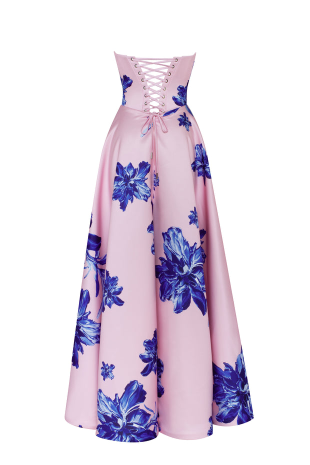 Dainty pink A-line maxi dress with blue-flowered pattern, Glow-Up