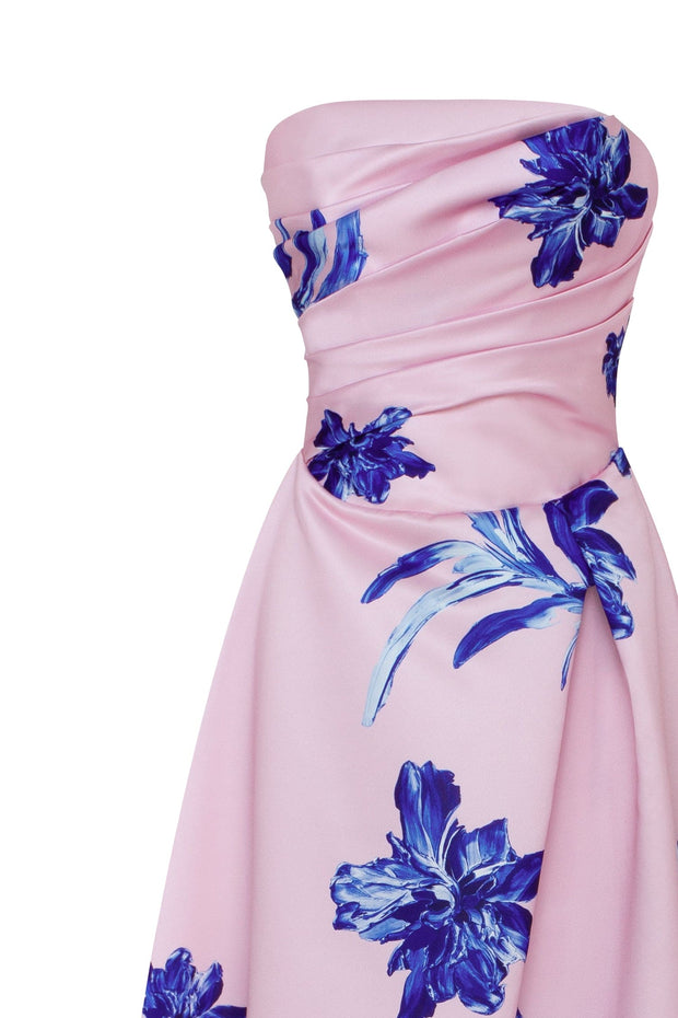 Dainty pink A-line maxi dress with blue-flowered pattern, Glow-Up